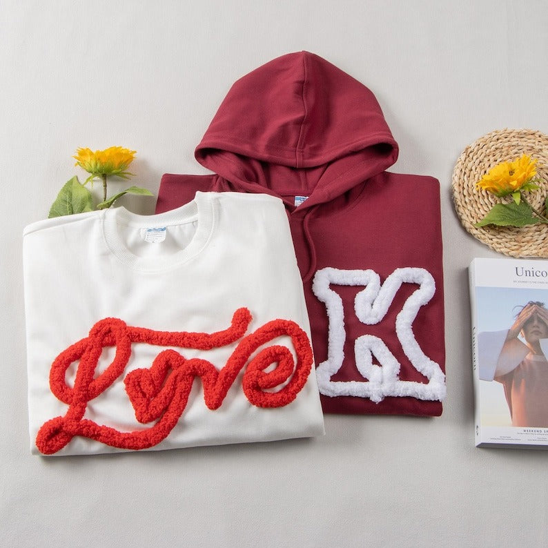 Custom Embroidered Chenille Yarn Sweatshirt-Fuzzy Letters Crewneck Sweatshirt,School Spirit Shirt,Custom Mascot Hoodie,Puffy Letters Hoodie