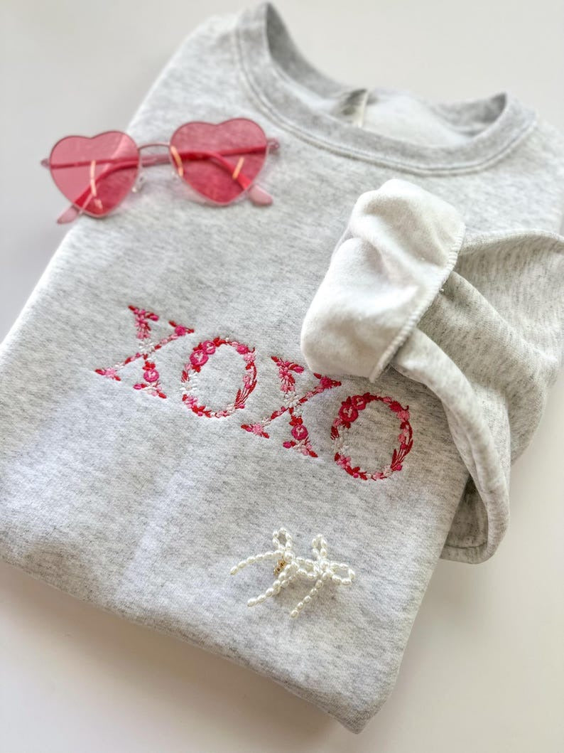 Embroidered XOXO Floral Sweatshirt - Valentines Day Themed Crewneck Sweater - Valentines Sweatshirt - Flower Letter - Jerzees Sweatshirt