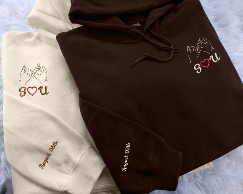 Custom Pinky Promise Embroidered Hoodie, Personalised Couple Initials Valentines Hoodies, Matching Jumpers for His/Hers, Valentine Day Gifts