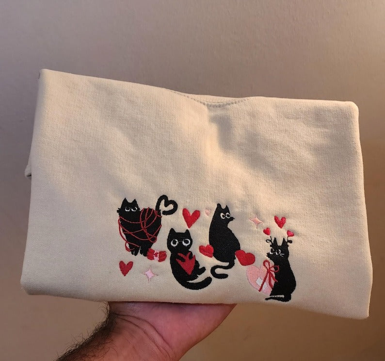 Valentines black Cats Embroidered sweatshirt, Embroidered crewneck cats, Valentine's Day sweater, Cat Love Embroidery design, xoxo sweater
