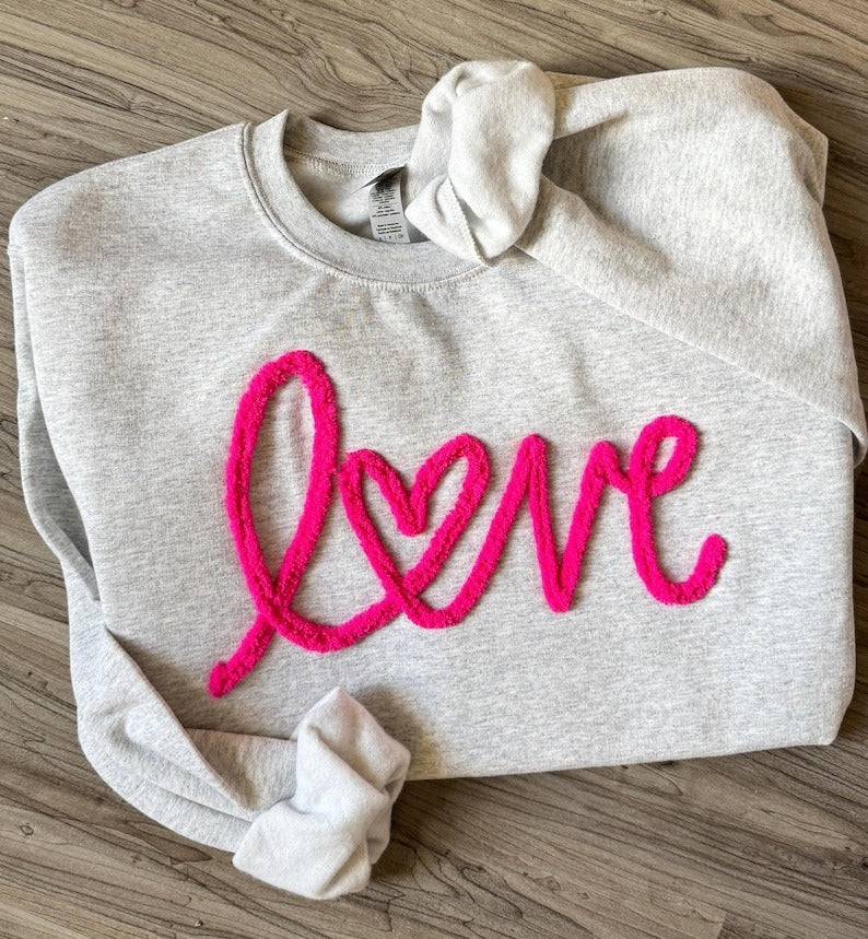 Yarn Embroidered 'Love' Sweatshirt: Chenille Valentine Crewneck