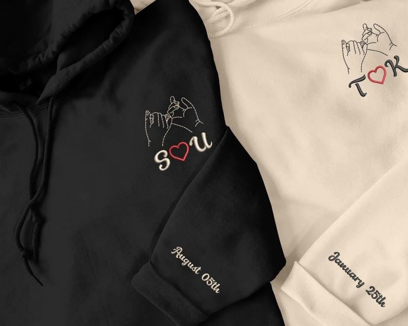 Custom Pinky Promise Embroidered Hoodie, Personalised Couple Initials Valentines Hoodies, Matching Jumpers for His/Hers, Valentine Day Gifts