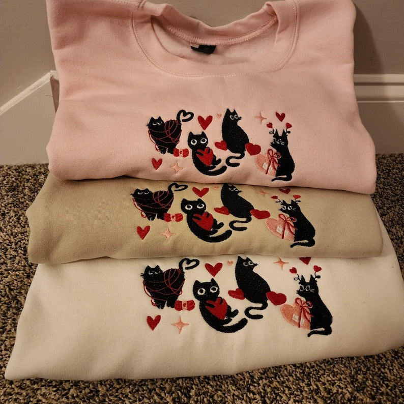 Valentines black Cats Embroidered sweatshirt, Embroidered crewneck cats, Valentine's Day sweater, Cat Love Embroidery design, xoxo sweater