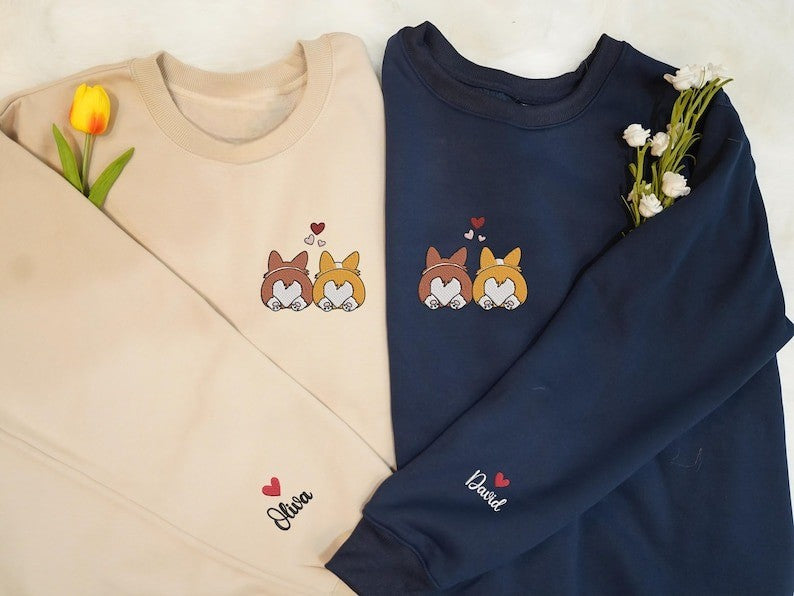 Custom Corgi Butt For Couple Valentine Embroidered Sweatshirt, Matching Sweater, Corgi Mom and Dad Shirt, Valentine Gift For Dog Lover