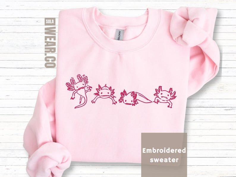 Embroidered Axolotl Sweatshirt Cute Amphibian Jumper Unisex Animal Gift for Daughter Son Boyfriend Girlfriend Kawaii Pet Lover gift