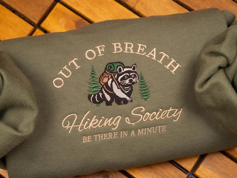 Embroidered Hiking Sweatshirt: Funny Raccoon Crewneck, Nature Lover Gift