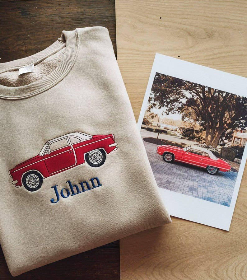 Custom Embroidered Car Sweatshirt, Car Photo Embroidered, Custom Car Guy Gift, Dad Gift, Custom Sweatshirt, Gift for him, Car Lover Gift