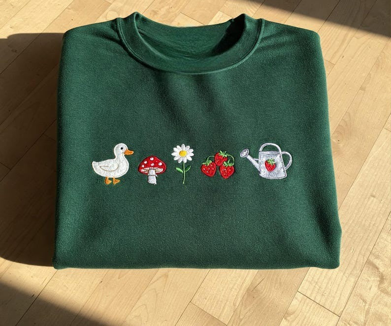 Cottage Core Strawberry Embroidered Sweatshirt, Aesthetic Sweater, Gift for HEr, Duck Sweater, Summer Outfit, Fruit Shirt, Granola Girl