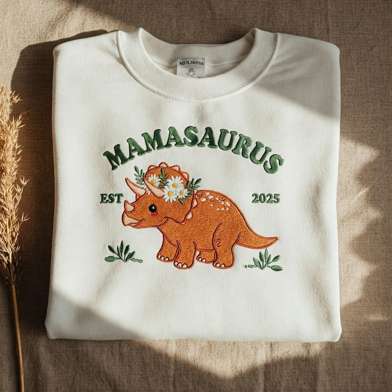 Embroidered Mama Saurus Sweatshirt, Custom Dinosaur Mom Crewneck, Funny Mom Shirt, Personalized EST Year Sweater, Cute Gift for New Mom or Birthday