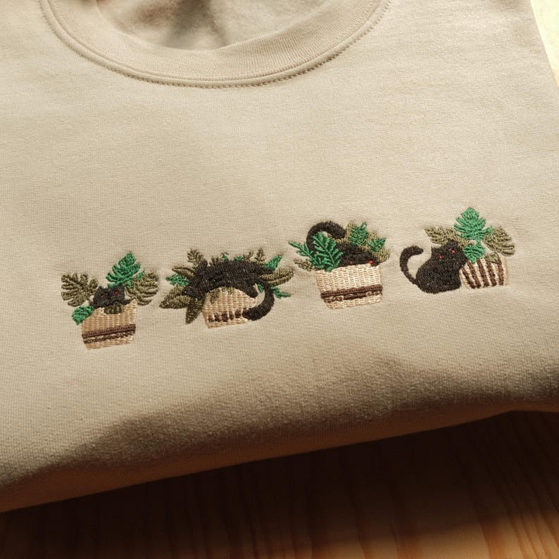 Embroidered Sweatshirt, Floral Cat Lover Crewneck, Cute Cat and Flower Embroidered Sweatshirt, Gift for Cat Lover Sweatshirt, Cat Sweatshirt