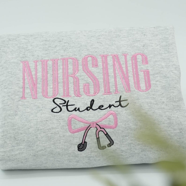 NURSING STUDENT Embroidered Hoodie, Bow Stethoscope, Nursing Sweatshirt, Embroidered Sweatshirt, Nursing School Gift Crewneck