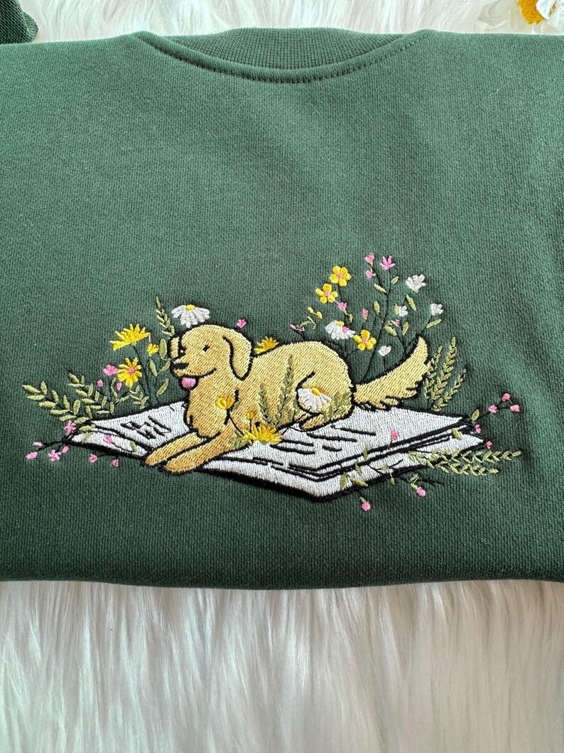 Embroidered Dog Sweatshirt, Lying On Book With Flowers, Book Lover Hoodie