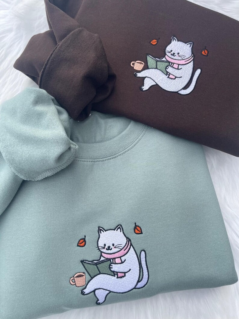 Embroidered Cat Bookish Reading Sweatshirt, Cozy Cat Reading Reading Shirt, Embroidered Book Lover Autumn Sweatshirt, Bookish Hoodie,