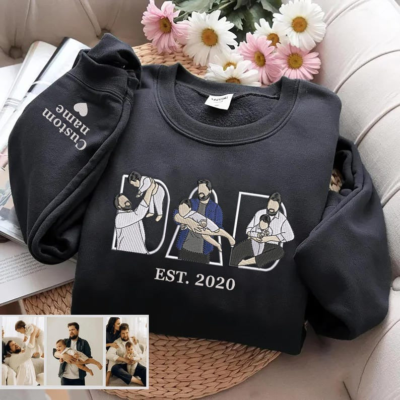 Embroidered Dad Hoodie: Custom Kid Portrait Sweatshirt, Personalized Name Sleeve