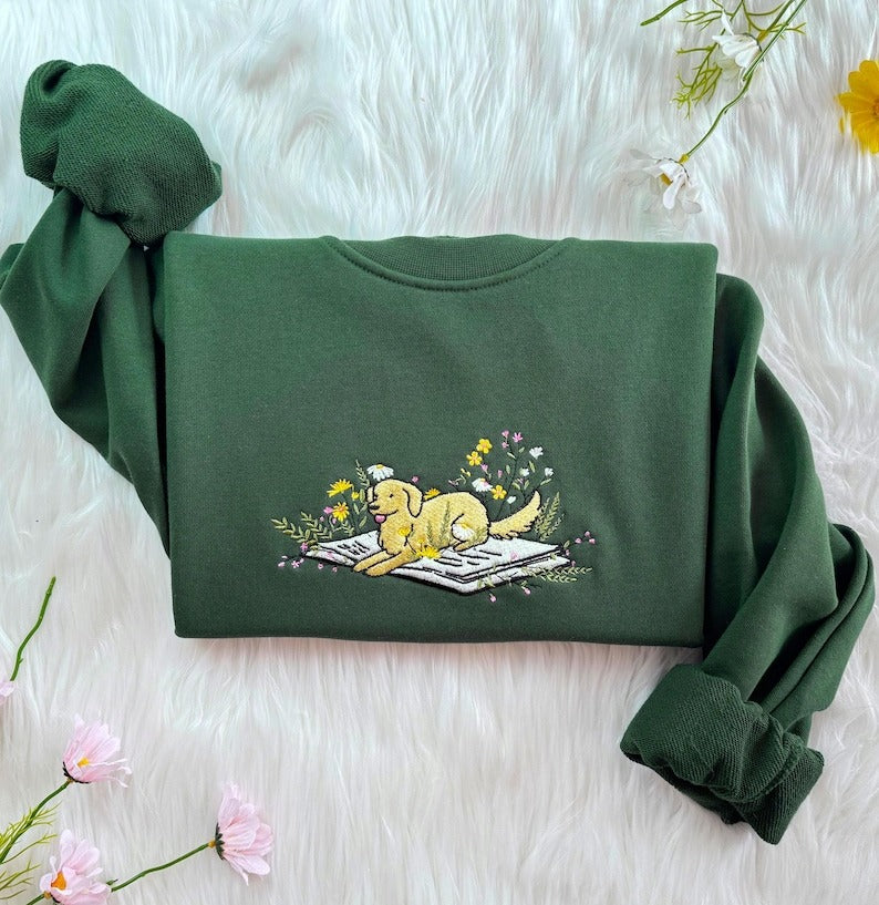 Embroidered Dog Sweatshirt, Lying On Book With Flowers, Book Lover Hoodie