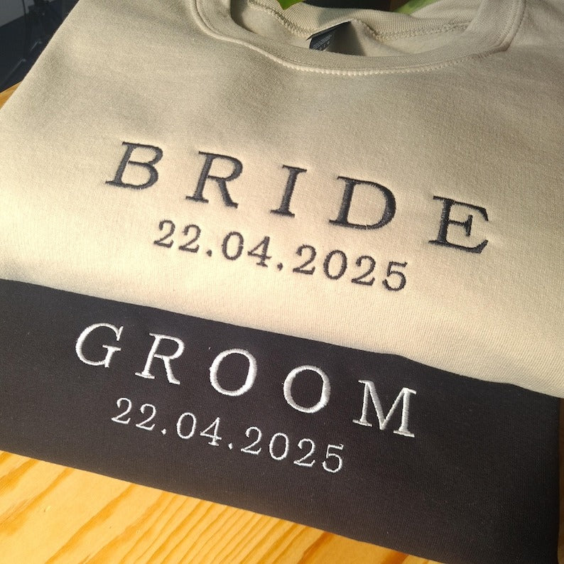 Custom Bride Groom Embroidered Sweatshirt, Personalised Couple Wedding Gift, Custom Bride Jumper, Wedding Date Crewneck, Groom Sweatshirt