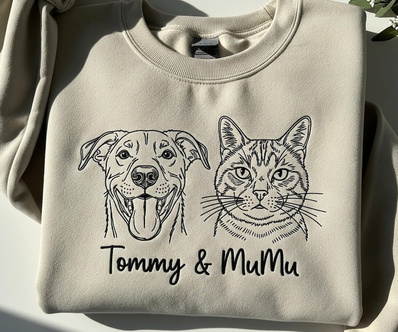 Custom Two Dog Faces Embroidered Sweatshirt, Personalized Pet Portrait Crewneck from Photo, Dog Mom or Dad Gift, Custom Pet Lover Shirt