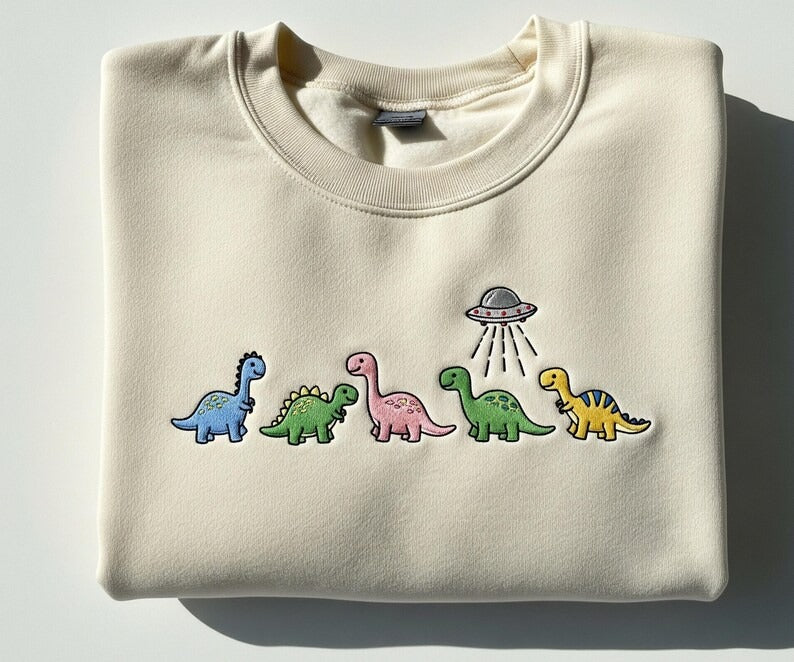 Cute Dinosaur and UFO Embroidered Shirt, Funny Alien T-Rex and Triceratops Tee, Embroidered Dino Gift for Women, Unique T-Rex Lover Shirt