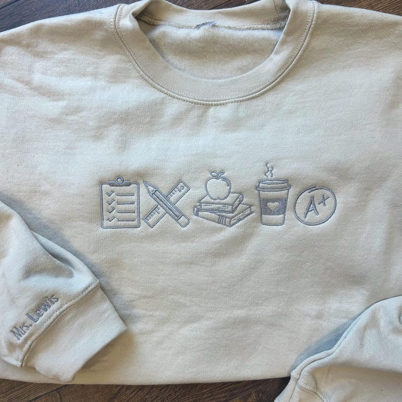 Teacher Icon Embroidered Crewneck Sweatshirt with Sleeve Embroidery