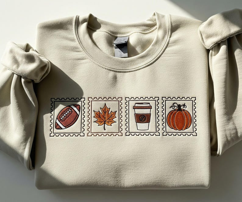 Embroidered Fall Icons Postage Stamp Sweatshirt for Women, Cozy Autumn Pumpkin Crewneck, Cute Thanksgiving and Spooky Season Shirt, Fall Embroidered Sweater