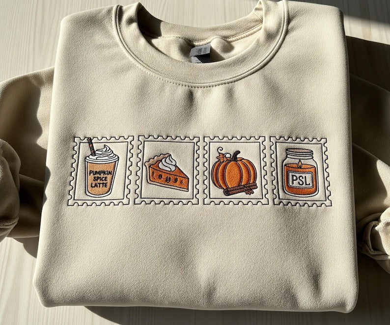 Embroidered Pumpkin Spice Postage Stamp Sweatshirt for Women, Cozy Autumn Pumpkin Crewneck, Cute Thanksgiving Spooky Season Shirt