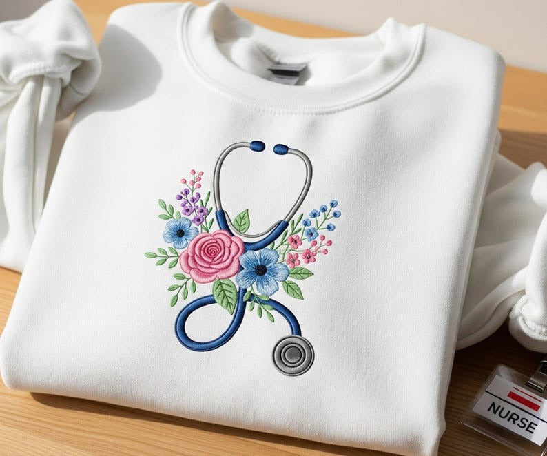 Embroidered Floral Stethoscope Nurse Sweatshirt - Custom RN Gift