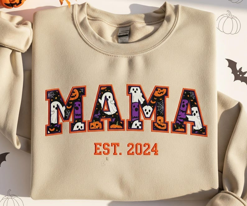 Custom Halloween Spooky Mama Embroidered Sweatshirt Floral Ghost Appliqué Shirt Cute Halloween Mom Crewneck Fall Sweater for Women
