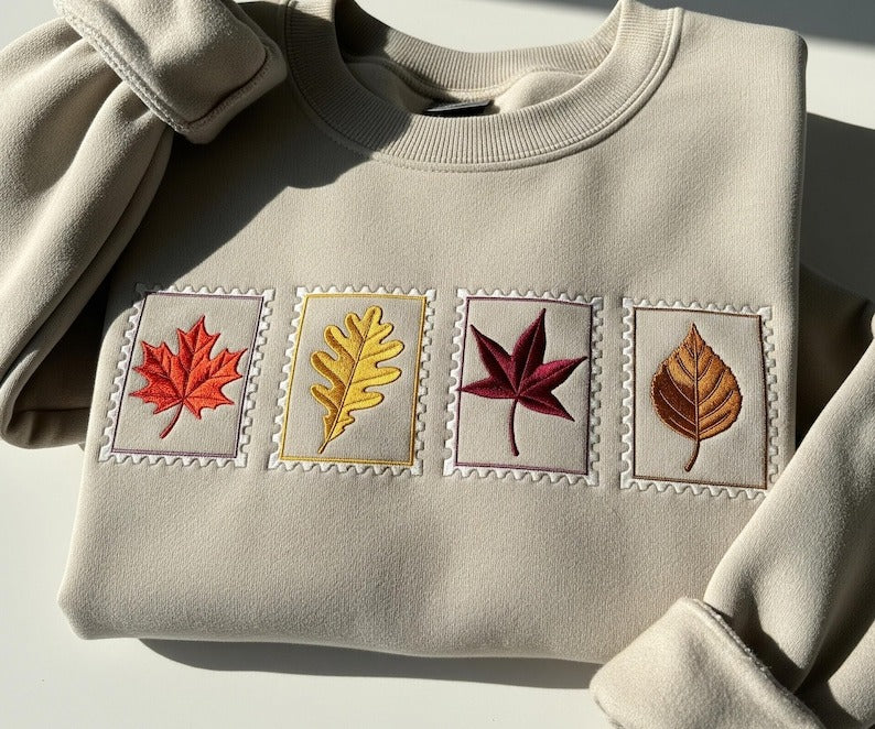 Embroidered Fall Leaves Stamp Sweatshirt for Women, Cozy Autumn Thanksgiving Crewneck, Preppy Spooky Season Shirt, Halloween Gift