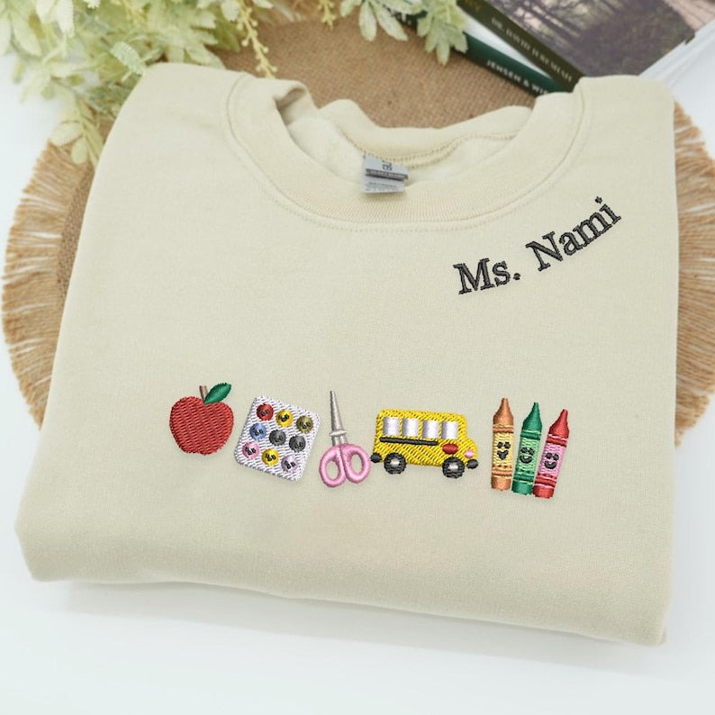 Apple Teacher With Name Embroidered Sweatshirt | Back To School Teacher Sweatshirt | Embroidered Classroom Shirt | Gift for Teacher