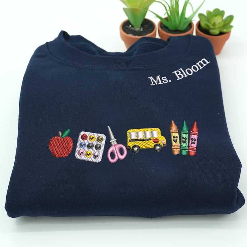 Apple Teacher With Name Embroidered Sweatshirt | Back To School Teacher Sweatshirt | Embroidered Classroom Shirt | Gift for Teacher
