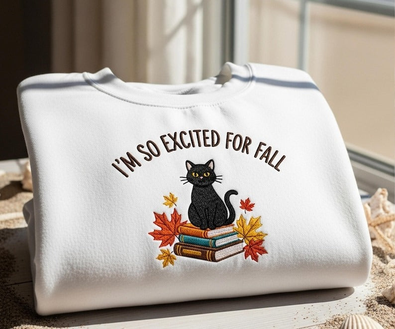 Black Cat On Pumpkin Sweatshirt Halloween, Fall Crewneck Sweatshirt, Embroidered Black Cat T-shirt, Spooky Cat Fall Sweater for Book Lover