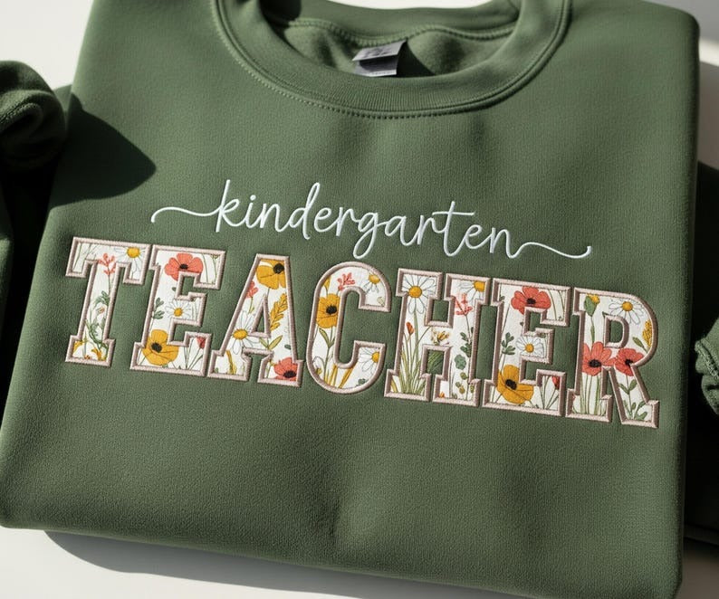 Embroidered Floral Kindergarten Teacher Appliqué Shirt – Custom Teacher Appreciation Tee Gift