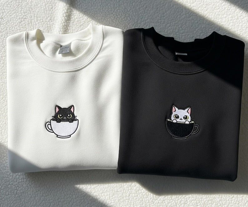 Cute Embroidered Cat In Teacup Matching Couple Sweatshirts - Black And White Kawaii Cat Pullover Gift For Him And Her, Cozy CoupleHoodie