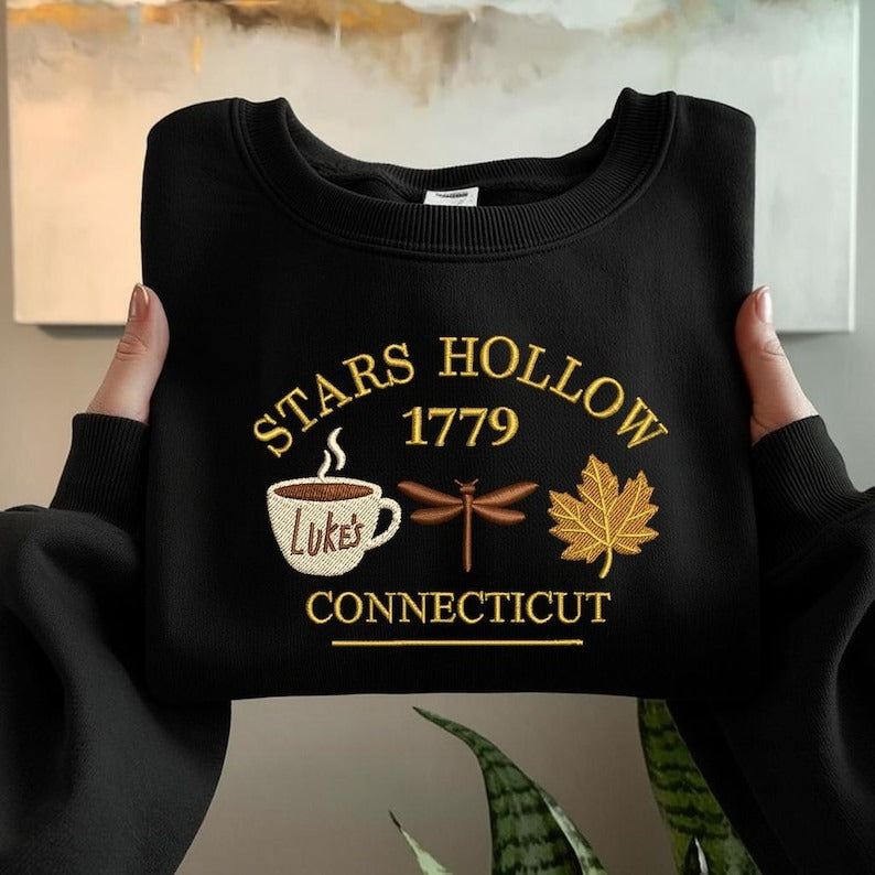 Stars Hollow Embroidered Sweatshirt, Fall Sweatshirt, Cozy Small Town Crewneck, Autumn Coffee Shirt, Book Lover Gift, Gifts For Her