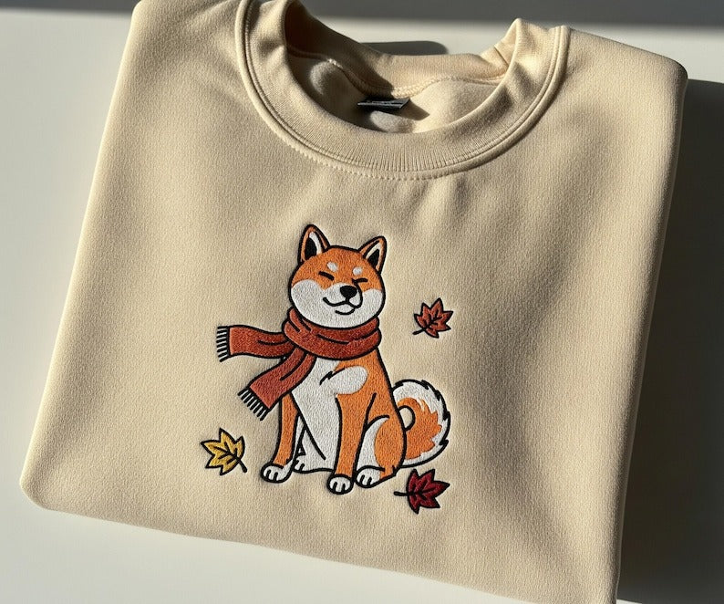 Dog Fall Shirt Embroidered Sweatshirt, Shiba Shirt, Dog Ghost Sweátshirt, Cozy Sweatshirt for Dog Lover, Shiba Lover Shirt, Autumn Crewneck