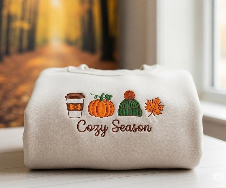 Cozy Season Fall Autumn Leaves Embroidered Sweatshirt