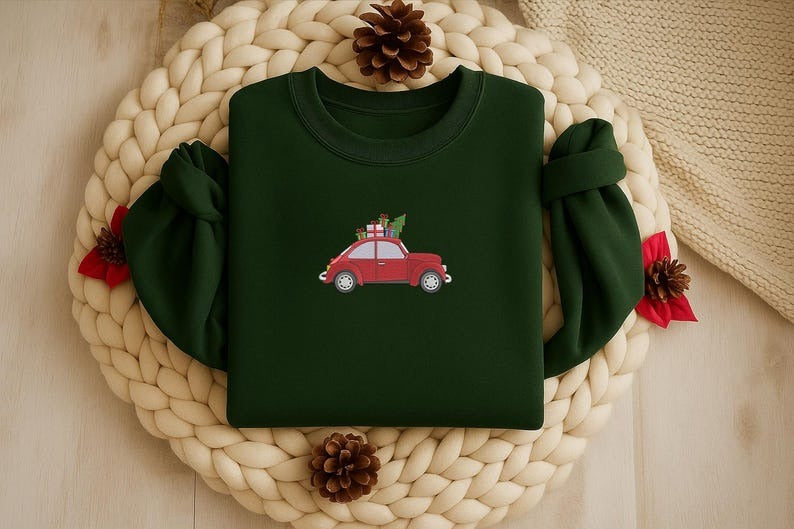 Embroidered Christmas Tree Car Sweatshirt, Vintage Christmas Car Sweater, Holiday Outfit for Women, Xmas Winter Jumpers, Christmas Eve Gifts