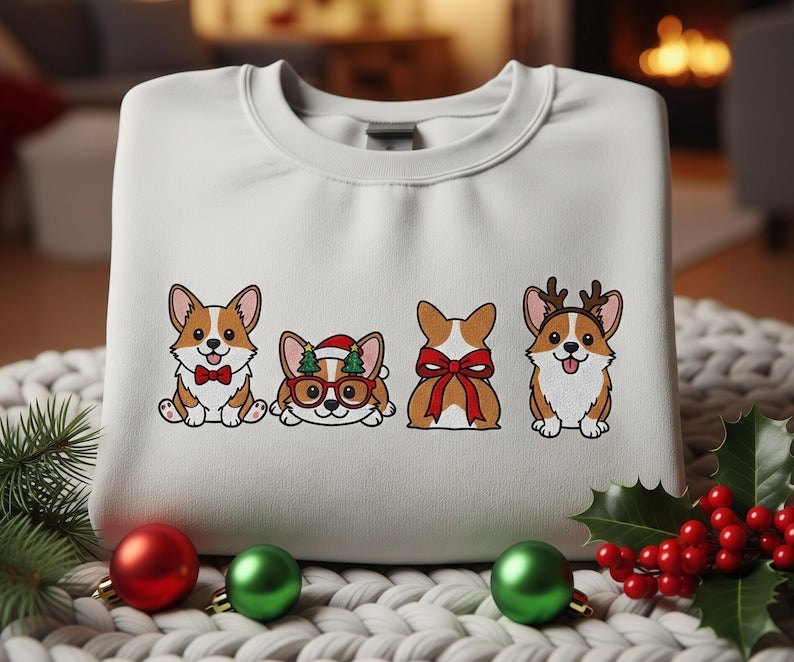 Corgi Christmas Embroidered Sweatshirt Cute Holiday Dog Lover Crewneck Funny Xmas Corgi Mom Gift Winter Cozy Pullover for Women Holiday