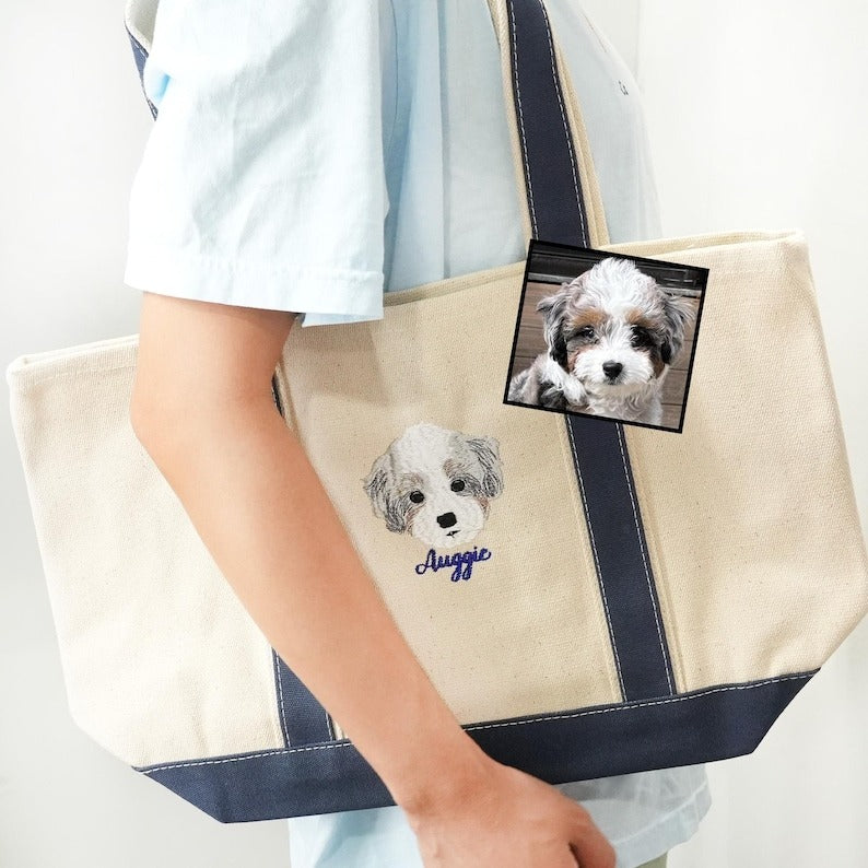 Custom Embroidered Pet Portrait Tote Bag – Personalized Canvas Cat & Dog Tote, Gift for Pet Owners