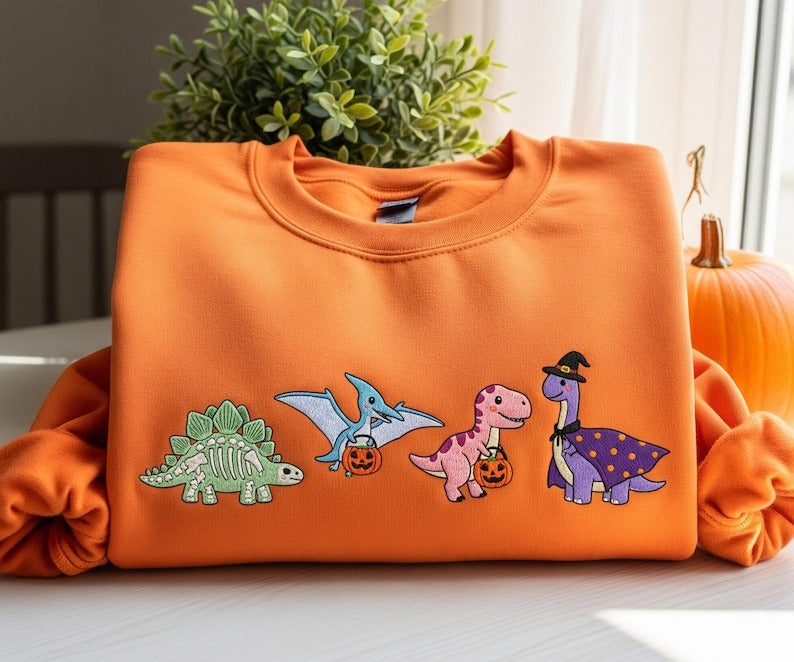 Spookysaurus Dinosaur Halloween Embroidered Shirt, Embroidered Skeleton Tee for Paleontology Cute Trick or Treat T-Rex Gift, Fall Dino Lover