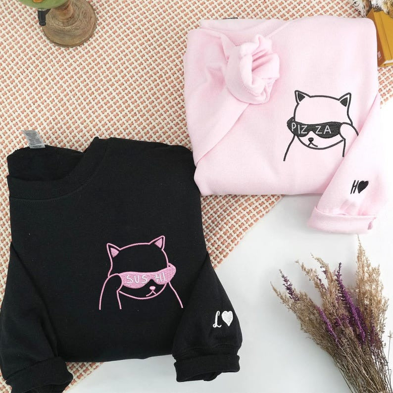 Matching Couple Cat Hoodies: Embroidered Sushi Pizza Cat Sweatshirts