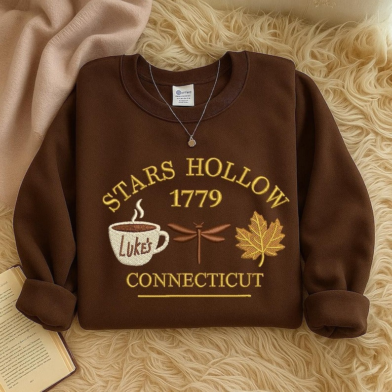 Stars Hollow Embroidered Sweatshirt, Fall Sweatshirt, Cozy Small Town Crewneck, Autumn Coffee Shirt, Book Lover Gift, Gifts For Her