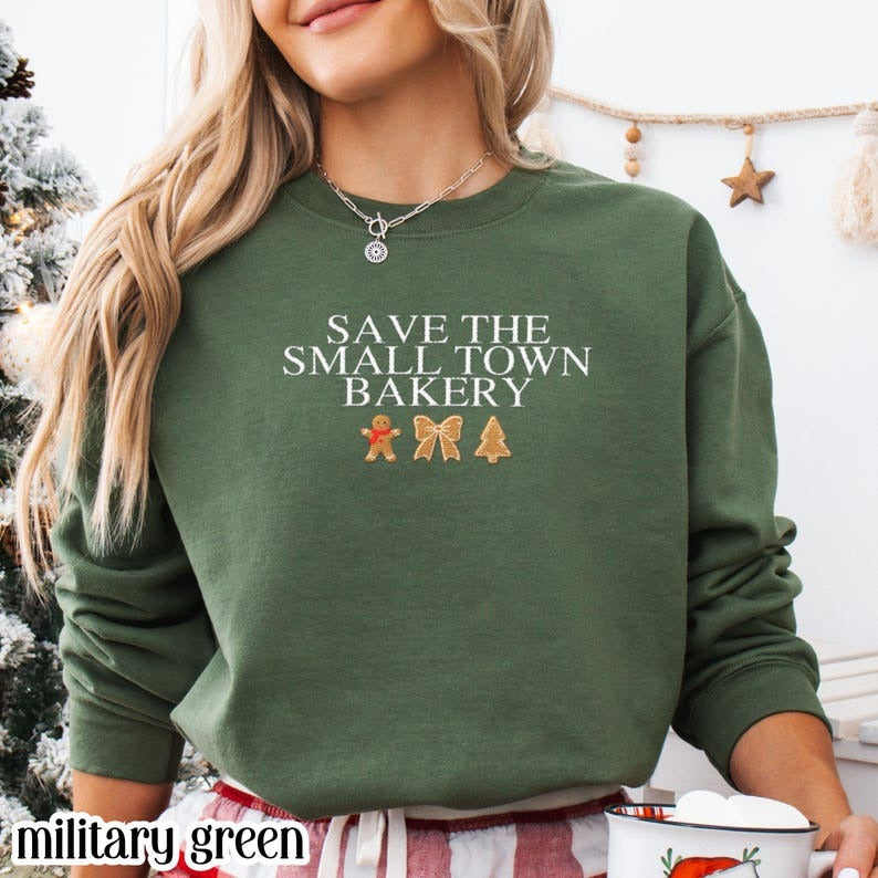 Save The Small Town Bakery Embroidered Sweatshirt Gift for Mom Christmas Tree Shirt, Christmas Sweatshirt for Women, Christmas Sweater Woman