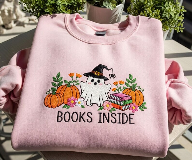 Cotton Halloween Sweatshirt with Embroidered Ghost Pumpkins and Books – Cozy Fall Bookish Pullover for Women