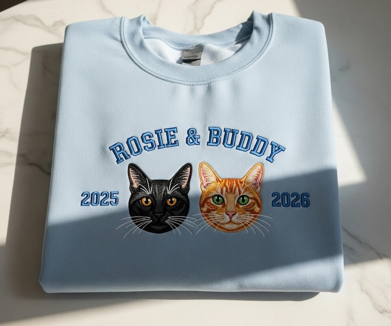 Personalized Cat Face Embroidered Sweatshirt with Pet Names