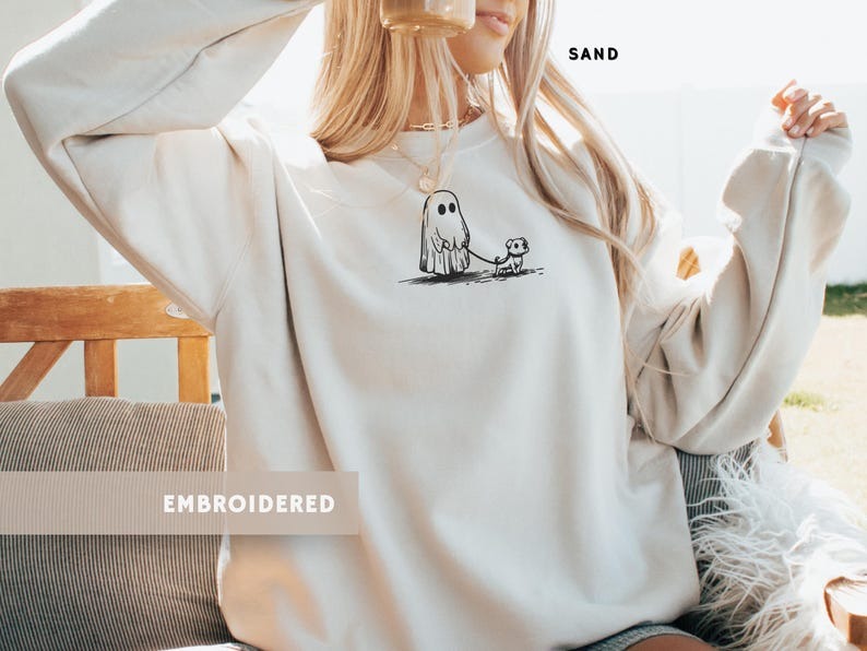 Embroidered Ghost Dog Sweatshirt Cozy Halloween Pullover Dog Lover Gift