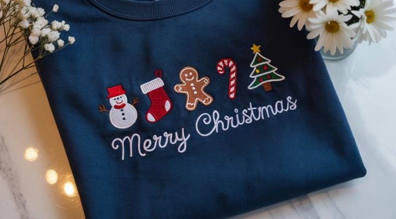 Merry Christmas Embroidered Sweatshirt, Embroidered Christmas Crewneck Sweatshirt, Embroidered Gingerbread Sweatshirt, Custom Xmas Gift