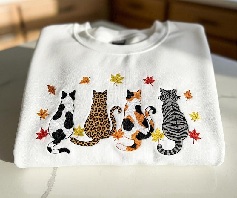 Embroidered Cat Fall Sweatshirt: Custom Autumn Leaves, Personalized Pet Portrait