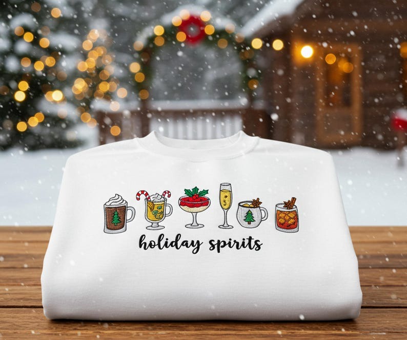 Full of Holiday Spirit Christmas Embroidered Sweatshirt Wine Whiskey Cocktail Drinking Shirt Xmas Holiday Booze Gift Women Matching Outfit