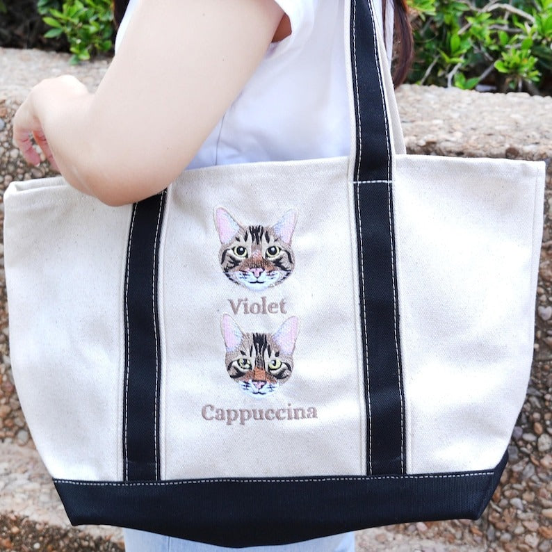 Custom Embroidered Pet Portrait Tote Bag – Personalized Canvas Cat & Dog Tote, Gift for Pet Owners